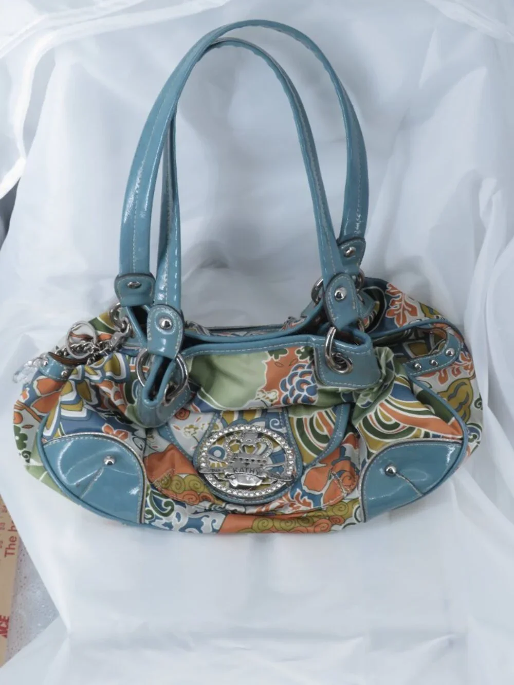 Vintage Kathy Van Zeeland Y2K Floral Hobo Satchel Bag Rhinestone Crown Logo Teal